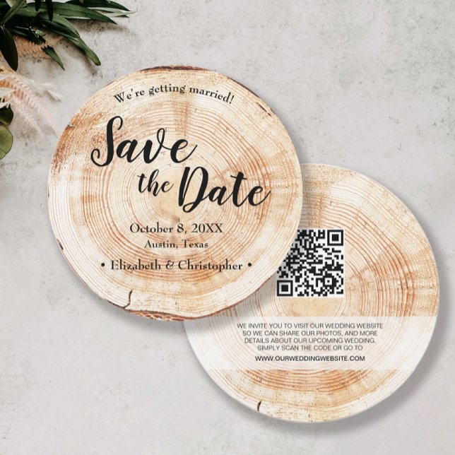 Convites Casamento de madeira russa com código QR website d (Unique rustic wood wedding save the date QR code wedding website.)