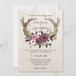Convites Casamento de Madeira Rustic Boho Floral Antlers