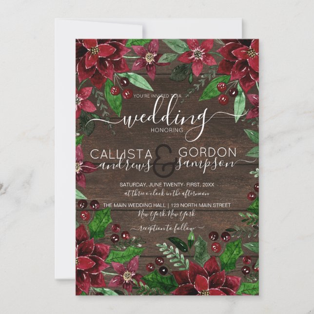 Convites Casamento de Madeira Rustic Floral Holly Ivy Water (Frente)