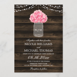 Convites Casamento de Madeira Rustic Pink Hydrangea Mason J