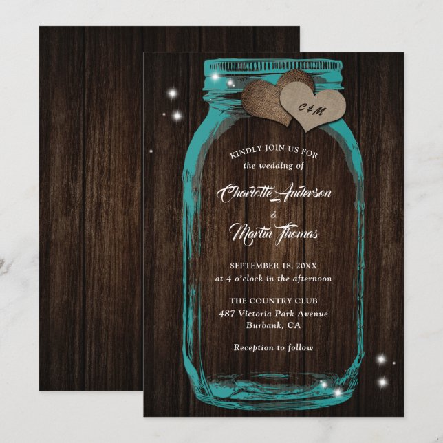 Convites Casamento de Madeira Rustic Teal Mason Jar (Frente/Verso)