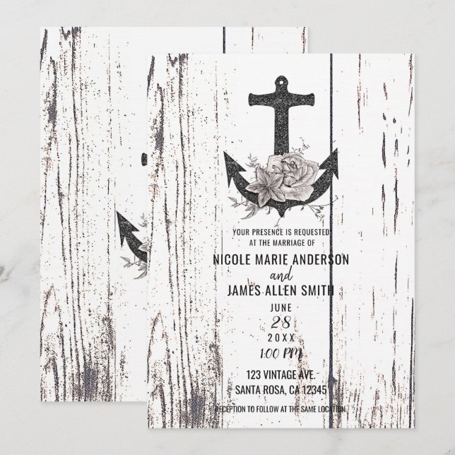 Convites Casamento de Madeira Rústica Âncora de Praia Coste (Frente/Verso)