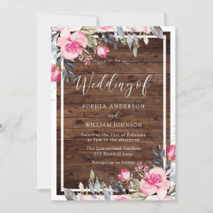 Convites Casamento De Madeira Rústica Com Flores Rosa Blus