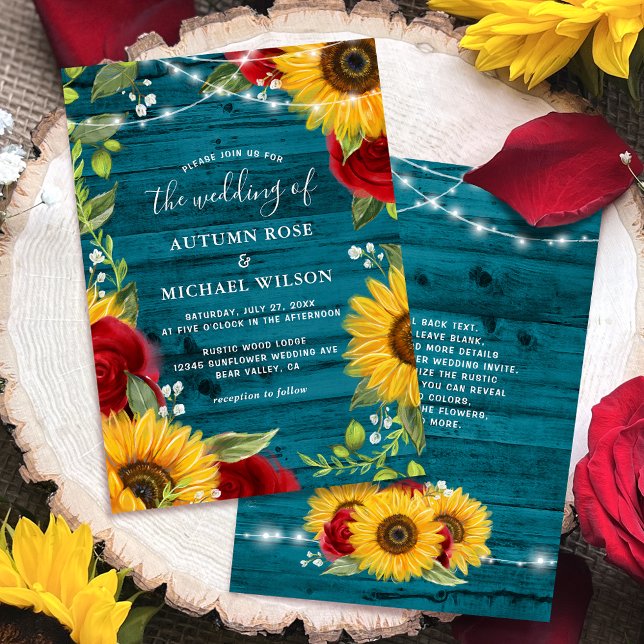 Convites Casamento de Madeira Rústica com Rosa de Sunflower (Personalized rustic teal wood, red rose sunflower wedding invitations to celebrate your big day!)