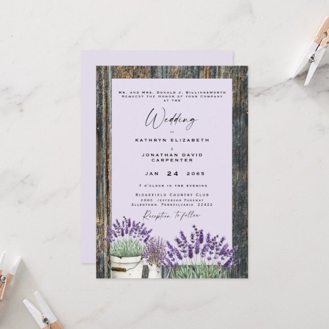 Convites Casamento de Madeira Rústica Lavanda Pálida (Frente/Verso In Situ)