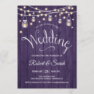 Convites Casamento de Madeira Rústica Roxa e Luzes