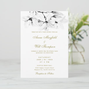 Convites Casamento de Magnólia Branca Clássico Dourado Mode