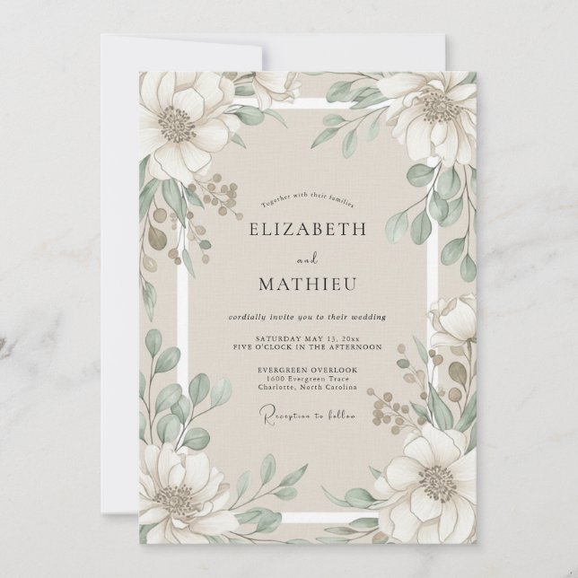 Convites Casamento de Magnólia Eucalipto Marfim (Frente)