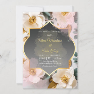 Convites Casamento de Magnólia Floral em Carvão e Dourado e