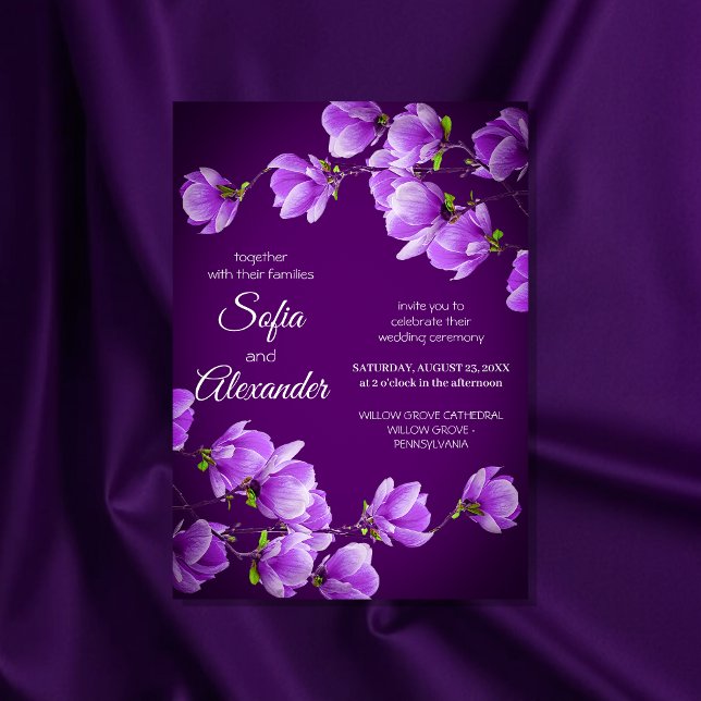 Convites Casamento de Magnólia Floral Roxa Elegante (Criador carregado)