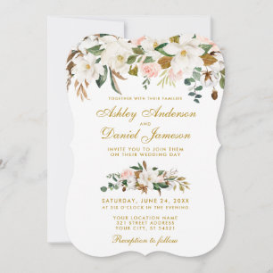 Convites Casamento de Magnolia Rosa Floral Dourado
