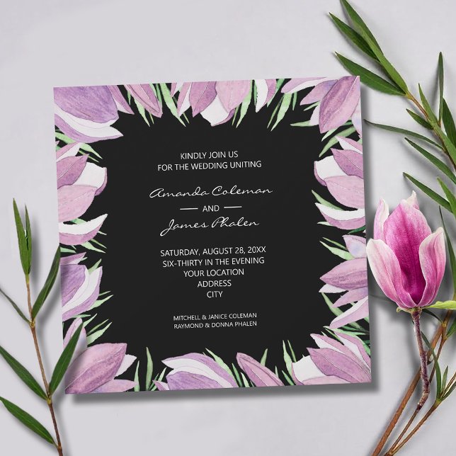 Convites Casamento de Magnolias Roxas Elegante (Elegant purple and white magnolias square wedding invitations - INSTANT DOWNLOAD and/or PRINTED)