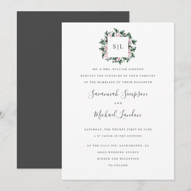 Convites Casamento de magolia pintada com monograma de Euca (Frente/Verso)