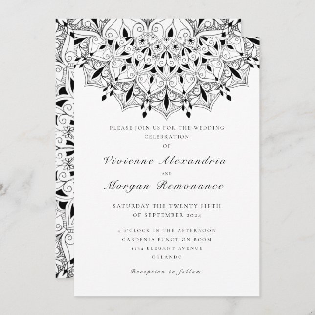 Convites Casamento de mandala branca de renda escura (Frente/Verso)