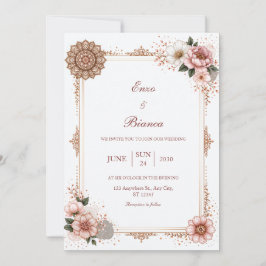 Convites Casamento de Mandala Floral com Moldura em Rose Go