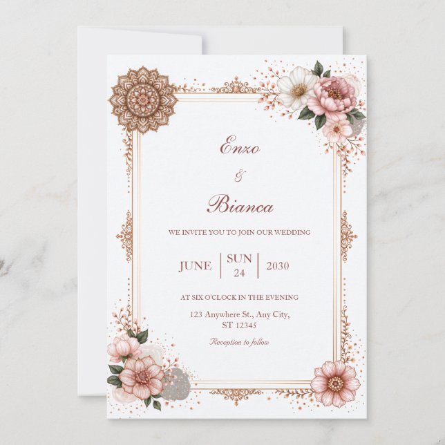 Convites Casamento de Mandala Floral com Moldura em Rose Go (Frente)