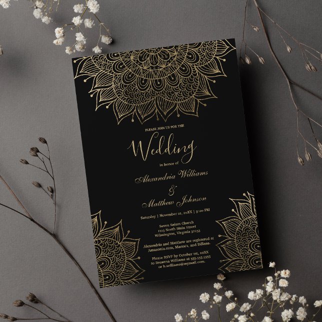 Convites Casamento de mandala floral dourada chique preta e (Elegant black chic gold floral mandala Wedding )