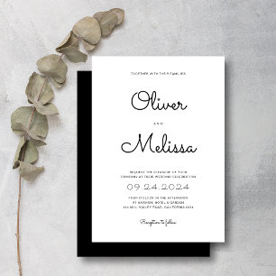 Convites Casamento de Manuscrito Branco e Preto Chic Minima