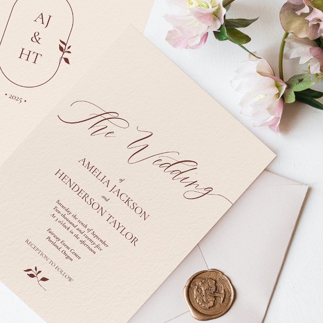 Convites Casamento de Manuscrito de Boho Terracotta Beige M (Minimalist Boho Beige Terracotta Script Wedding Invitation)