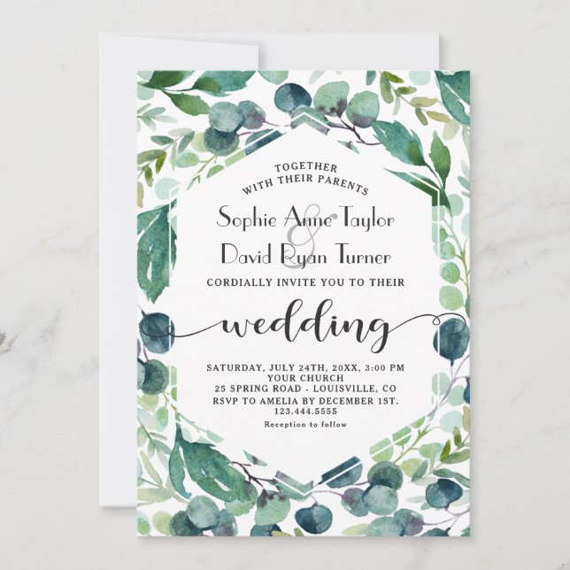 Convites Casamento de Manuscrito de Watercolor Eucalyptus W (Frente)