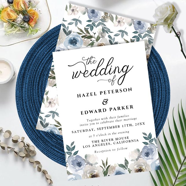 Convites Casamento de Manuscrito Floral Floral de Cor Azul  (Modern Dusty Blue Floral Watercolor Script Wedding Invitation)