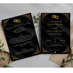Convites Casamento de Manuscrito Preto Dourado Elegante