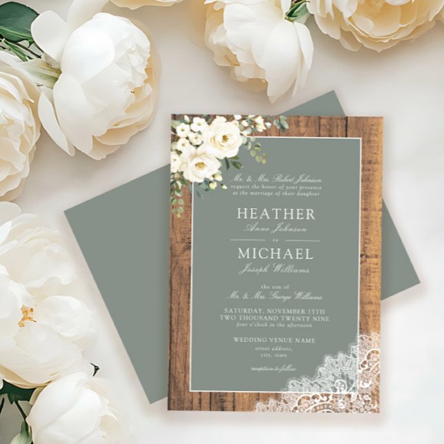 Convites Casamento de Manuscritos de Madeira Verde-Floral B (Criador carregado)