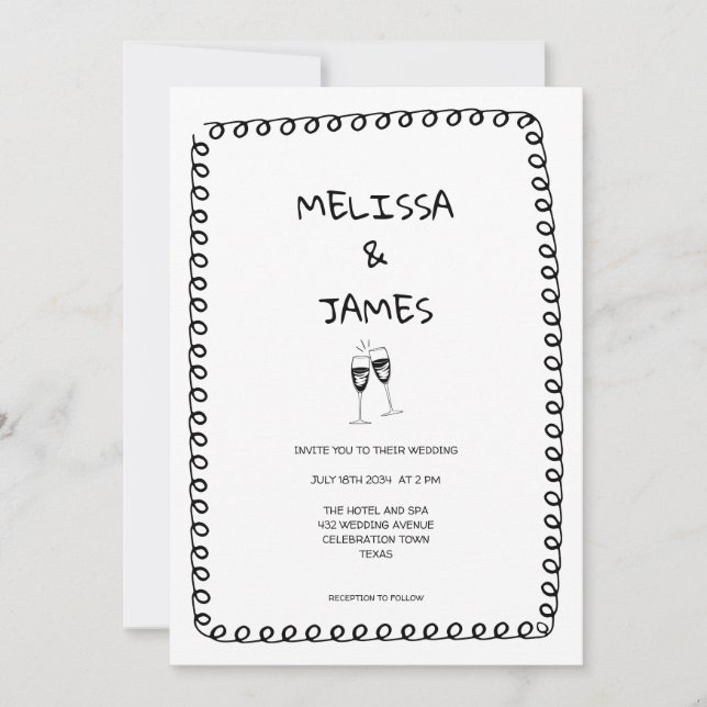 Convites Casamento de Mão Desenhada de Champagne Whimsical (Frente)