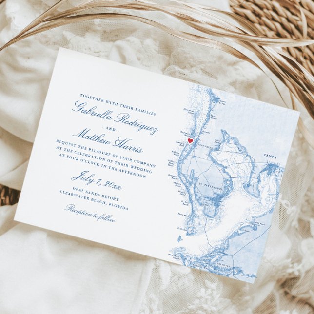 Convites Casamento de Mapa Azul Elegante de Clearwater Beac (Clearwater Beach wedding invitations with watercolor Tampa Bay map illustration
)