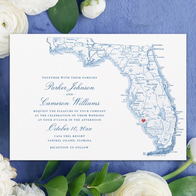 Convites Casamento de Mapa da Flórida Elegante da Ilha Sani (Elegant Sanibel Island Florida Wedding Invitations in navy blue from Coastal Map Designs)