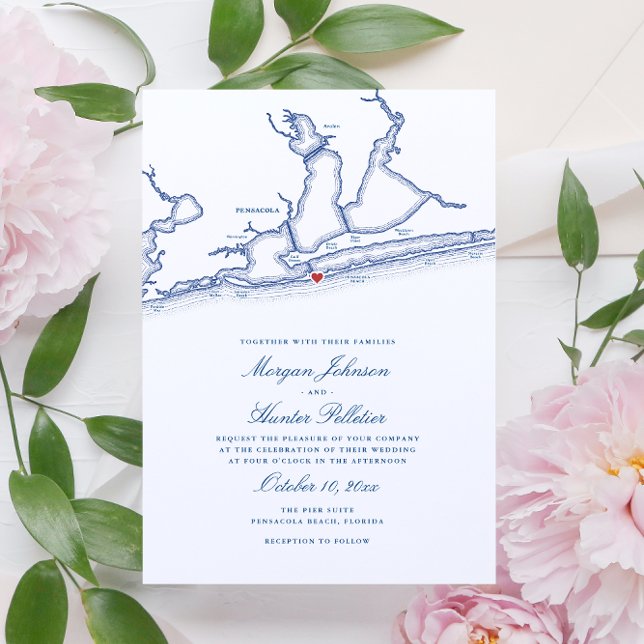 Convites Casamento de Mapa da Praia de Pensacola Elegante (Elegant Pensacola Beach FL Wedding Invitations with navy blue map by Coastal Map Designs)