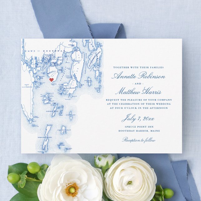 Convites Casamento De Mapa De Marinhos De Maine Em Boothbay (Spruce Point Inn Wedding Invitations with Elegant navy blue map of Boothbay Harbor Maine)