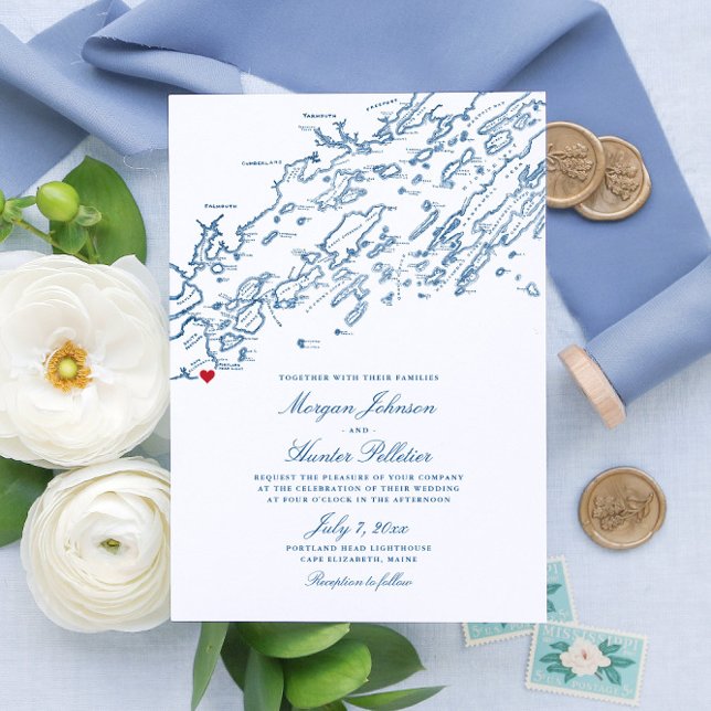 Convites Casamento de Mapa de Marinhos Elegante de Cape Eli (These Cape Elizabeth Maine invitations are perfect for your destination wedding on Casco Bay)