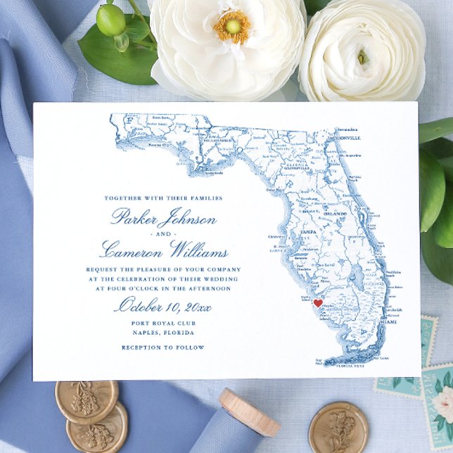 Convites Casamento de Mapa Elegante de Nápoles na Flórida (Elegant navy blue Florida Map Wedding Invitations with heart over Naples by Coastal Map Designs.png)