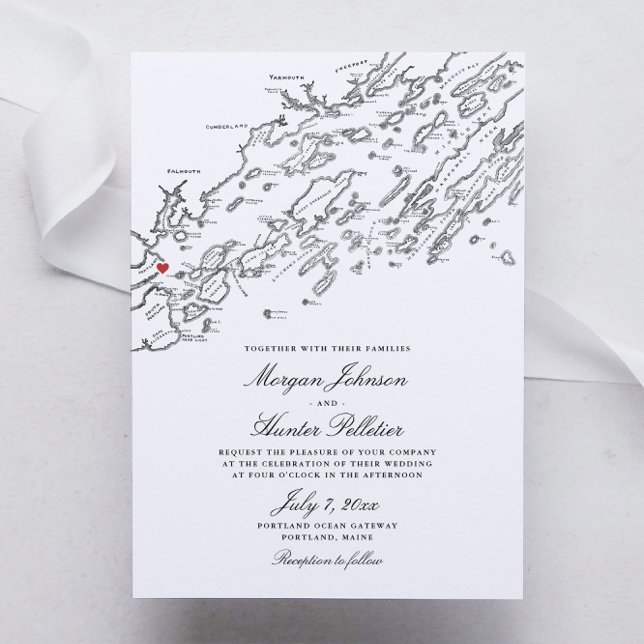Convites Casamento de Mapa Negro e Branco de Portland Maine (Portland Maine Elegant Black and White Map wedding invitations)