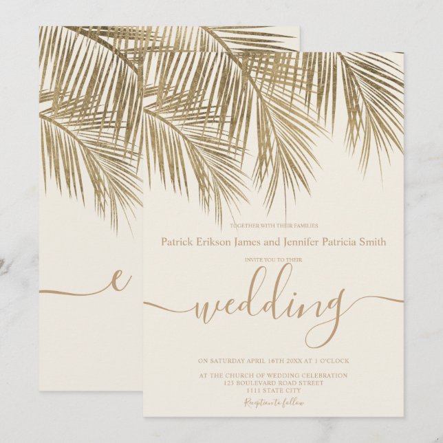 Convites Casamento de marfim de guião de palmeira de ouro m (Frente/Verso)