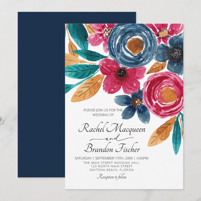 Convites Casamento de marinho Azul Borgonha Floral (Frente/Verso)