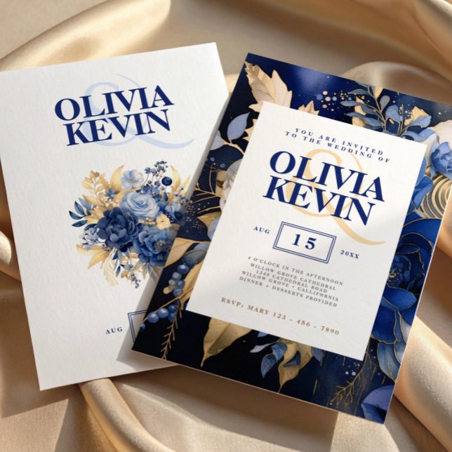 Convites Casamento de marinho azul e dourado com flor de aq (Floral Navy Blue & Gold Watercolor Elegant Wedding Invitation, Save The Date, Watercolor Floral)