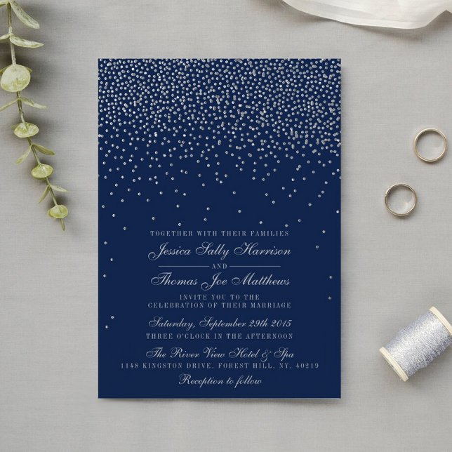 Convites Casamento de marinho Azul e Prata Glam Confetti (Criador carregado)