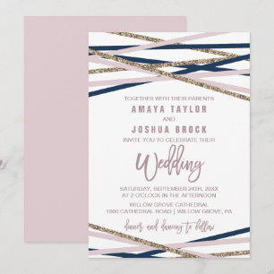 Convites Casamento de marinho Blush e Streamers Dourados