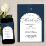 Convites Casamento de Marinho de Caligrafia Elegante<br><div class="desc">Marinho Azul convite de casamento com caligrafia elegante, monograma com estilo de logotipo e estrutura arquitetada moderna. Simples elegância, em azul e branco. Convites de coordenação, papelaria e decoração de dia de evento podem ser encontrados na minha coleção de Cores de Casamento. Se você quiser cores diferentes ou modelos adicionais...</div>