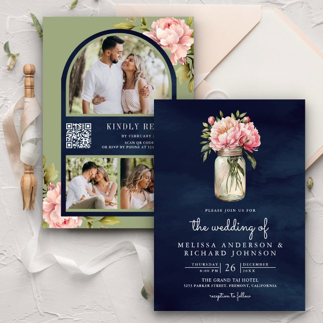 Convites Casamento de Marinho de Código QR de Mason Jar, Pe (Criador carregado)