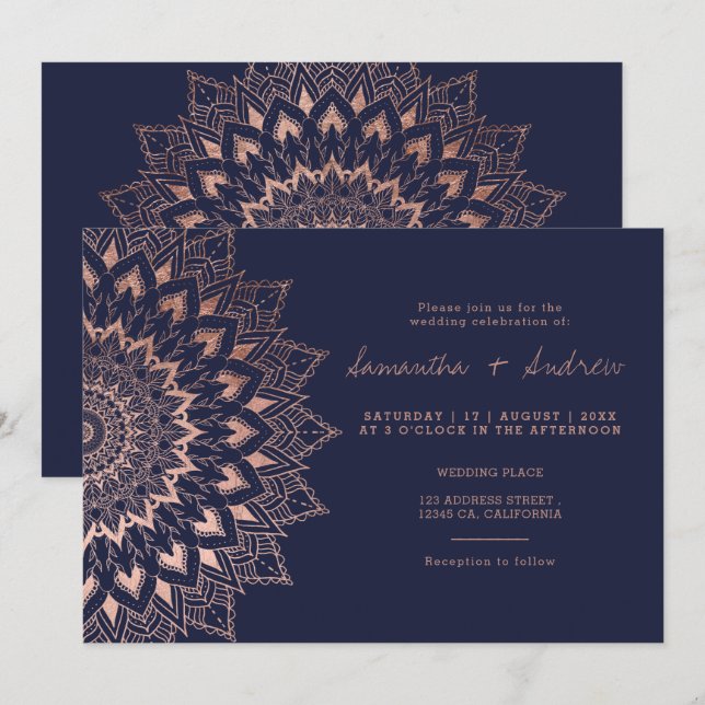 Convites Casamento de marinho de  de renda floral de rosa b (Frente/Verso)