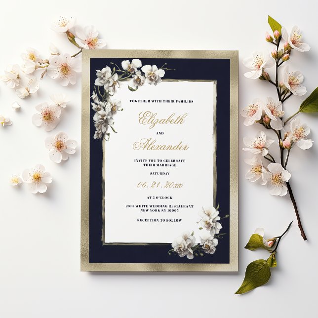 Convites Casamento de marinho de ouro azul-orquídea branca- (Luxury gold navy blue white orchid flower wedding )