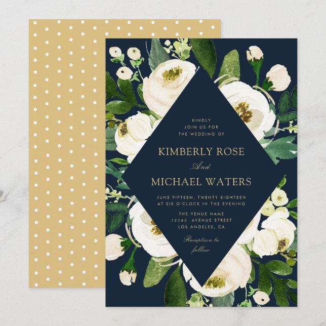 Convites Casamento de marinho de quadro floral branco de ma (Frente/Verso)