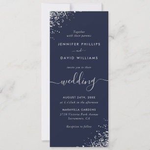 Convites Casamento de Marinho de Script Elegante Blue Silve