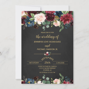Convites Casamento de Marinho Floral de Borgonha Personaliz