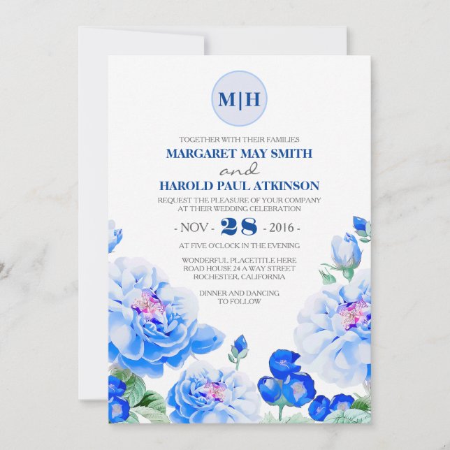 Convites Casamento de Marinho Floral Vintage (Frente)