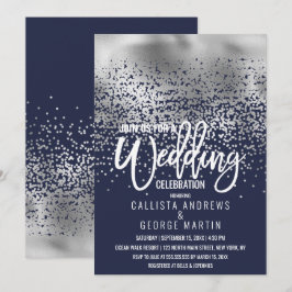 Convites Casamento de Marinho Moderno de Silver Foil Confet