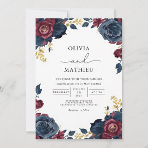 Convites Casamento de Marinho Moody Floral Burgundy